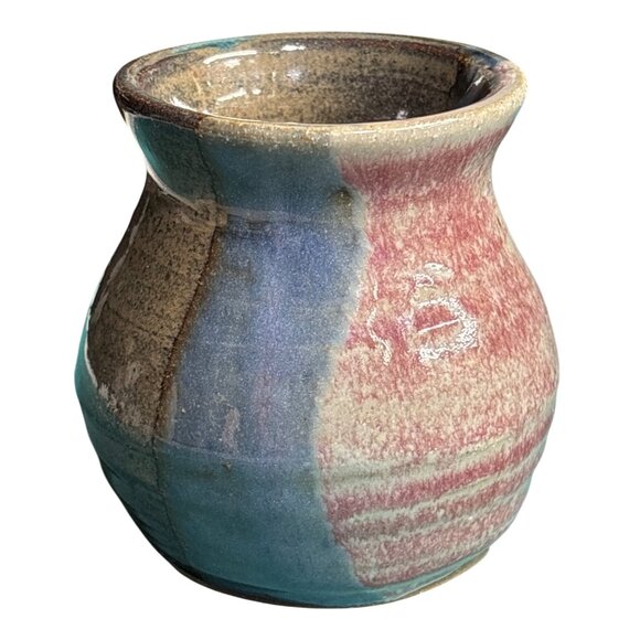 VTG Stoneware Vase With Blues Pink Natural Glaze Handcrafted Signed - Picture 1 of 7